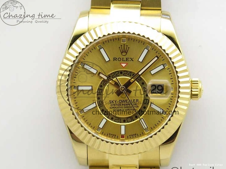 Best AAA Replica Sites YG 326934 Sky-Dweller YG on TravelReady Bracelet 2785 Dial A23J Gold AIF to 1217